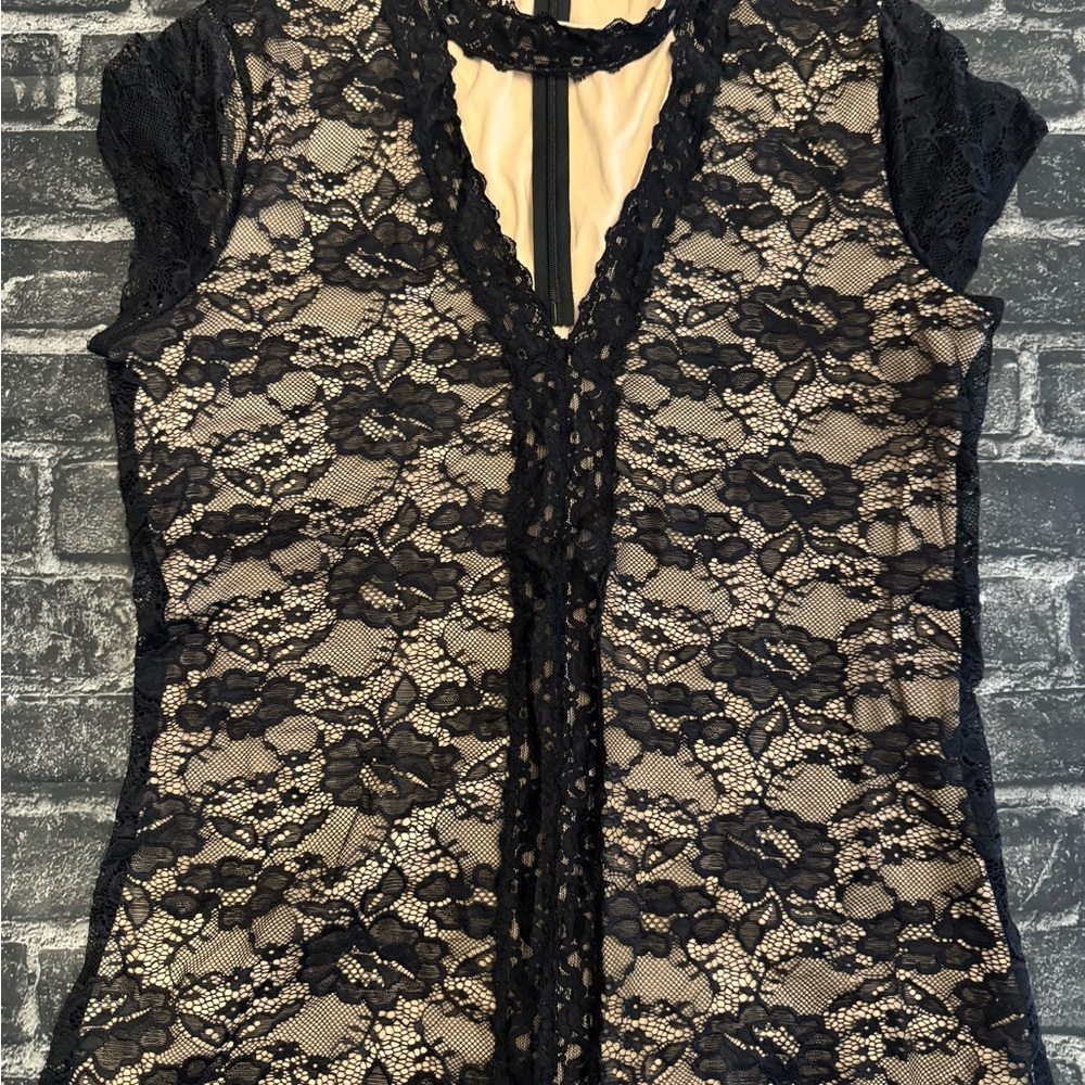 Express Black Lace Overlay Nude Lining Cap Sleeve Blouse